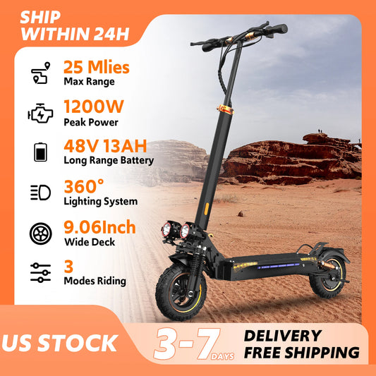 1200W Off Road Electric Scooter for Adult, 48V 13AH Folding E-Scooters Up to 31Mph & 25 Miles Range,11" All Terrain Tire E-Scooter with Double Suspension & Side Light
