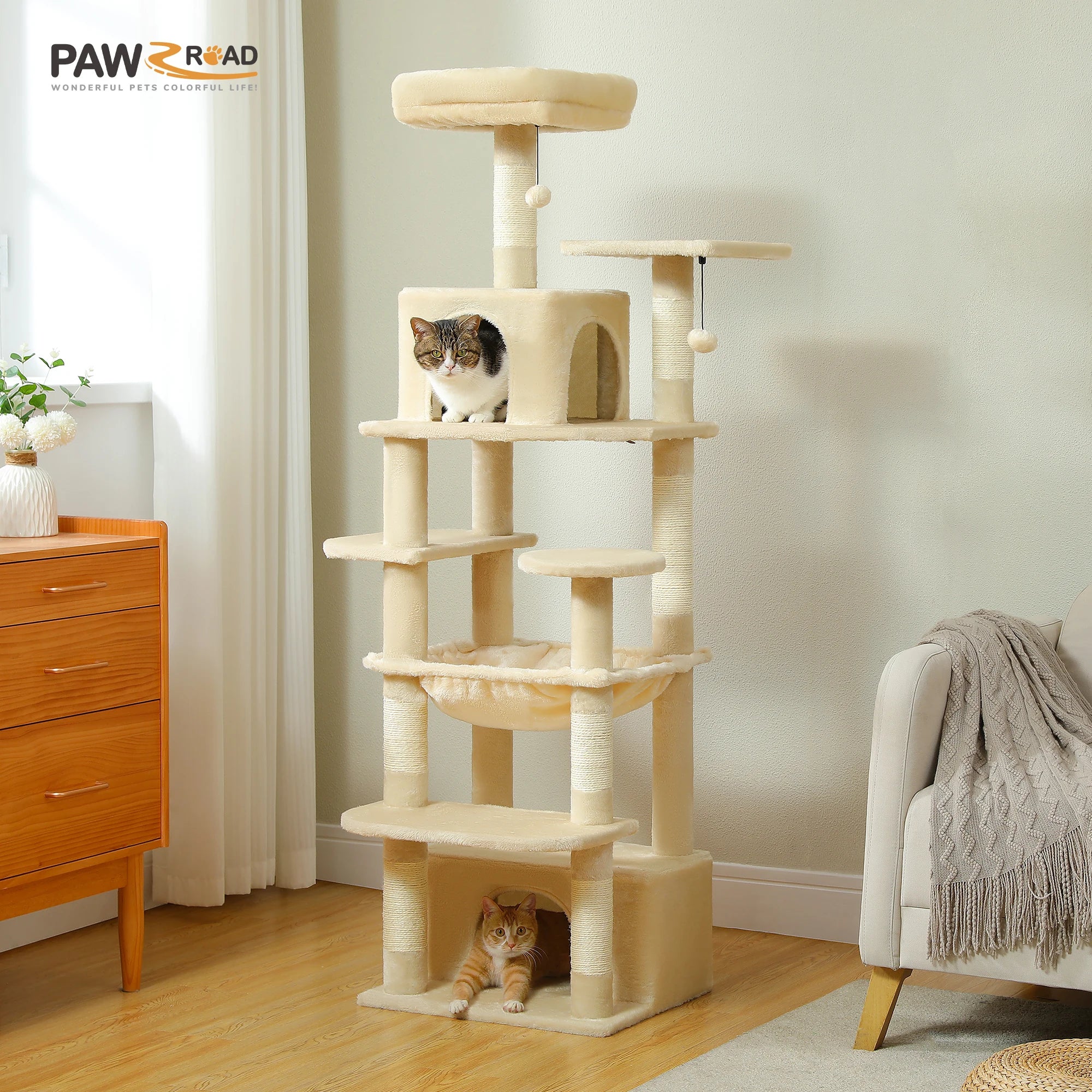 Large Cat Tree Tower with Hammock And Perches Sisal Scratching Posts Spacious Condos And Cat Toys for Indoor Cats Grey/Beige/Black