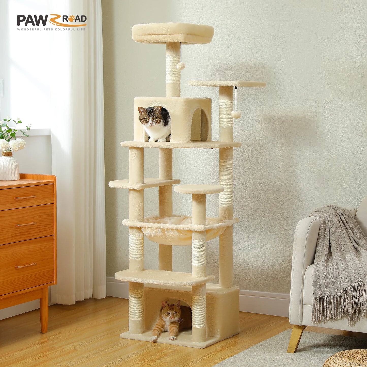 Large Cat Tree Tower with Hammock And Perches Sisal Scratching Posts Spacious Condos And Cat Toys for Indoor Cats Grey/Beige/Black