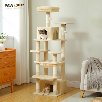 Large Cat Tree Tower with Hammock And Perches Sisal Scratching Posts Spacious Condos And Cat Toys for Indoor Cats Grey/Beige/Black