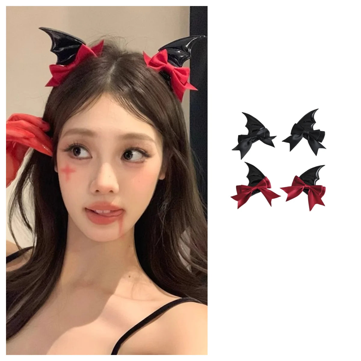 Halloween Devil Horn Bow Hair Clips Gothic Red Black Bat Wing Hairpins Cosplay Set