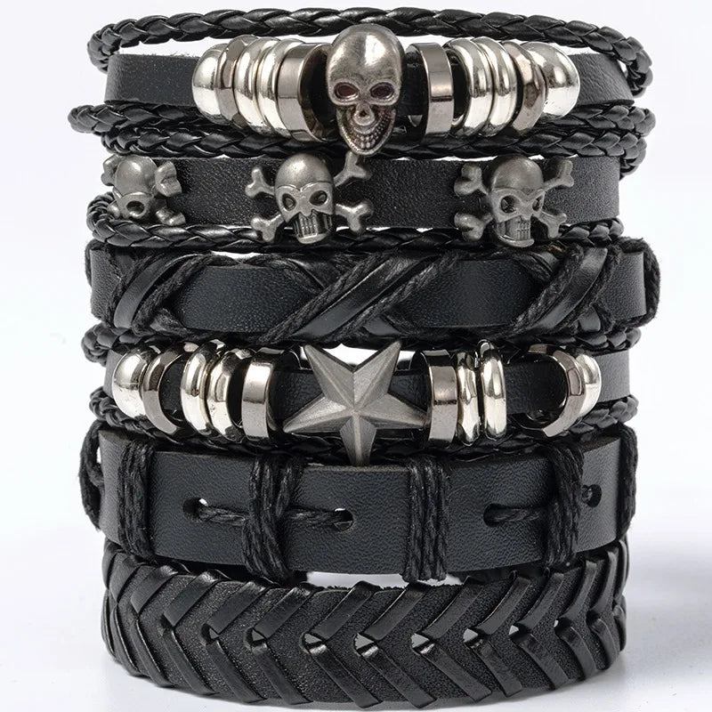 Black Punk Skull & Star Leather Bracelet Set – Gothic Alloy Wristband for Men & Women