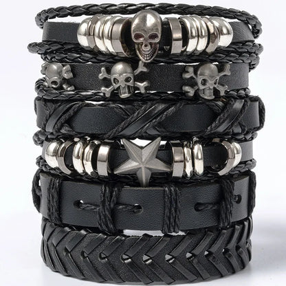 Black Punk Skull & Star Leather Bracelet Set – Gothic Alloy Wristband for Men & Women