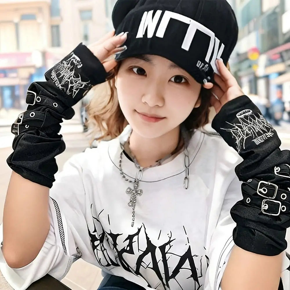 Gothic Metal Buckle Arm Sleeve Fingerless Gloves