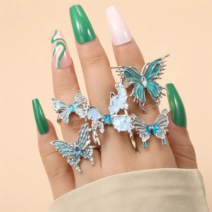 Gothic Red Crystal Heart Rings Set – 8pcs Irregular Y2K Butterfly Spider Aesthetic Jewelry for Women