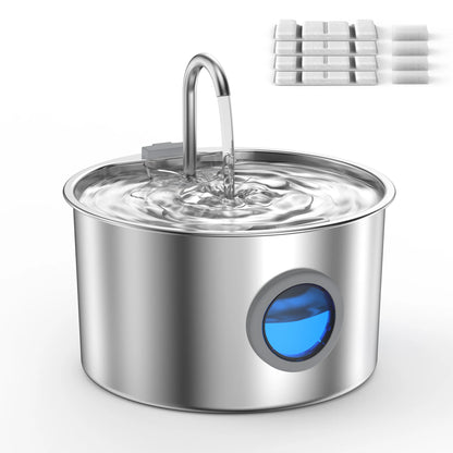 Stainless Steel Cat Water Fountain 108oz/3.2L for Cats, Dogs and Small Pets, with Quiet Operation & LED Light, Easy to Clean & Assemble