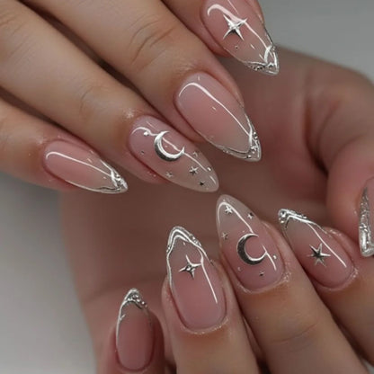 Y2K Star Press On Nails 24pcs – Blue Gradient French Gold Moon Almond False Nails