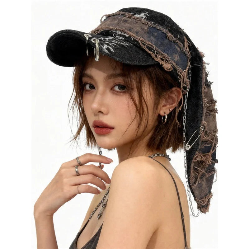Y2K Denim Fur-Edge Rabbit Ears Baseball Cap with Chain – Punk Hip-Hop Sunshade Hat