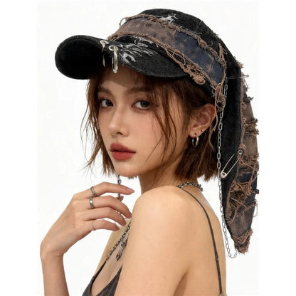 Y2K Denim Fur-Edge Rabbit Ears Baseball Cap with Chain – Punk Hip-Hop Sunshade Hat