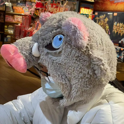 Wild Boar Head Plush Hat – Inosuke Style Winter Cosplay Headgear