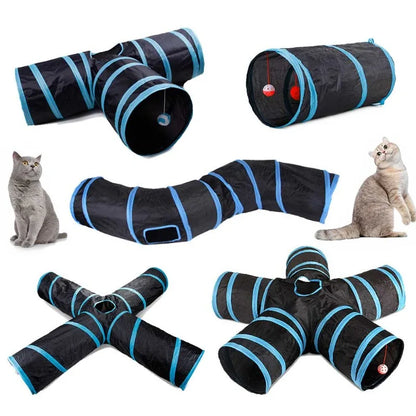 Collapsible Cat Tunnel Toy – Blue & Black Pop-Up Play Tube and Hideaway for Indoor Kittens