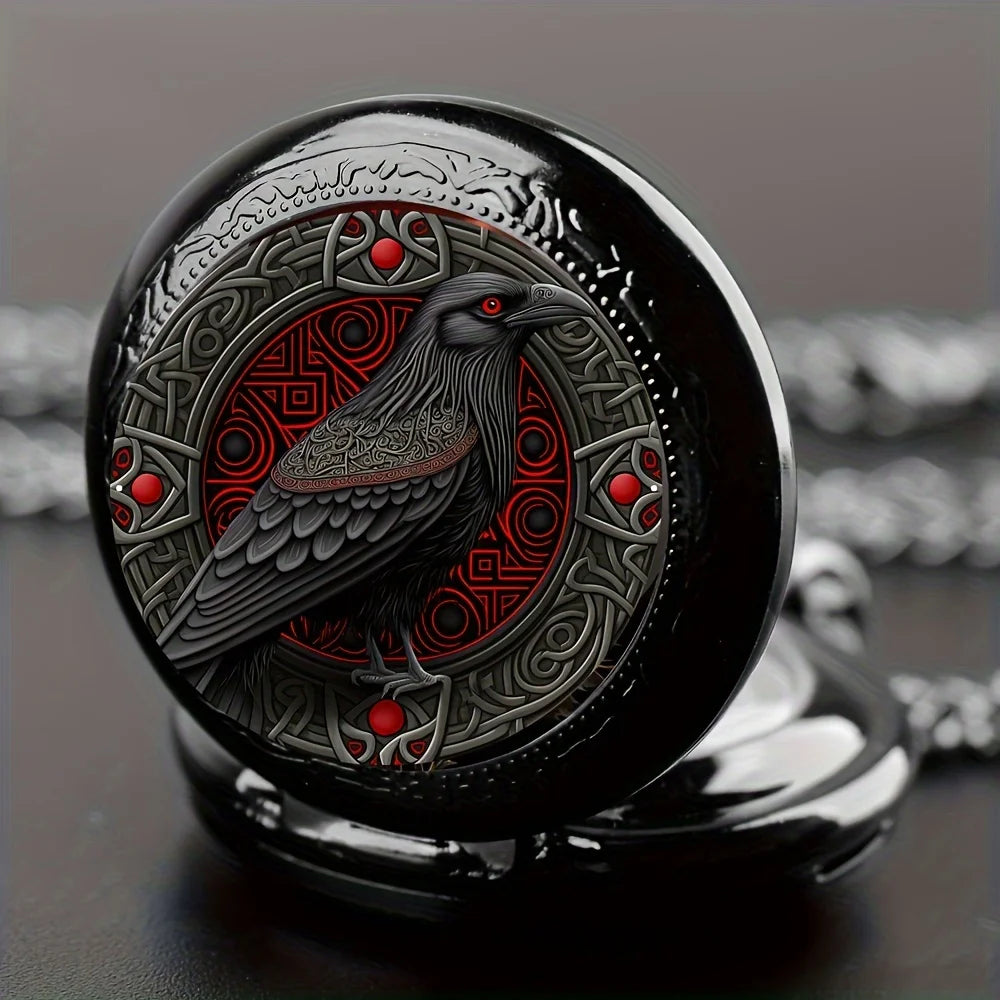 Gothic Black Raven Pocket Watch with Necklace Chain – Quartz Alloy Watch
