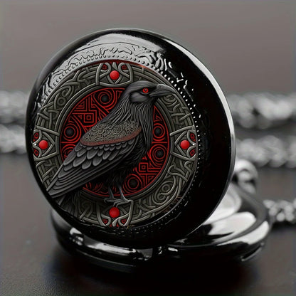 Gothic Black Raven Pocket Watch with Necklace Chain – Quartz Alloy Watch