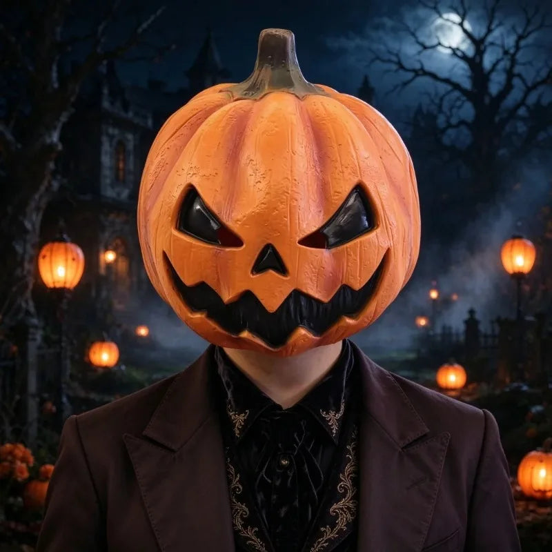 Halloween Devil Pumpkin Mask – Full Face Latex Costume Headwear