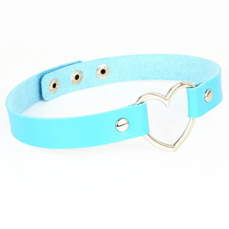 Holographic Heart Ring PU Leather Choker Necklace - Gothic Laser Collar