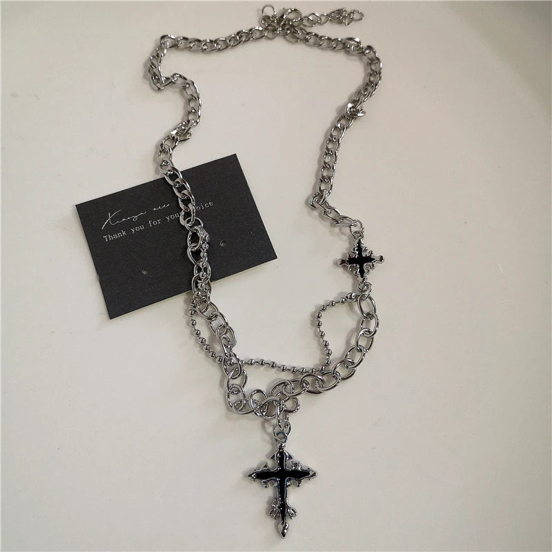 Y2K Punk Heart Cross Pendant Necklace - Grunge Goth Chain for Men Women