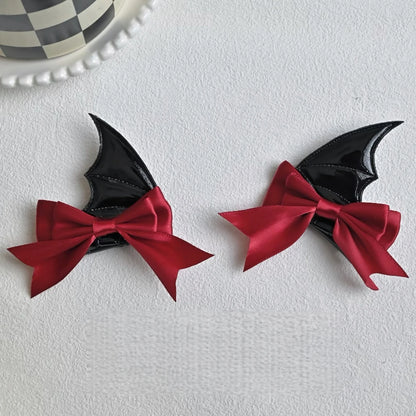 Halloween Devil Horn Bow Hair Clips Gothic Red Black Bat Wing Hairpins Cosplay Set
