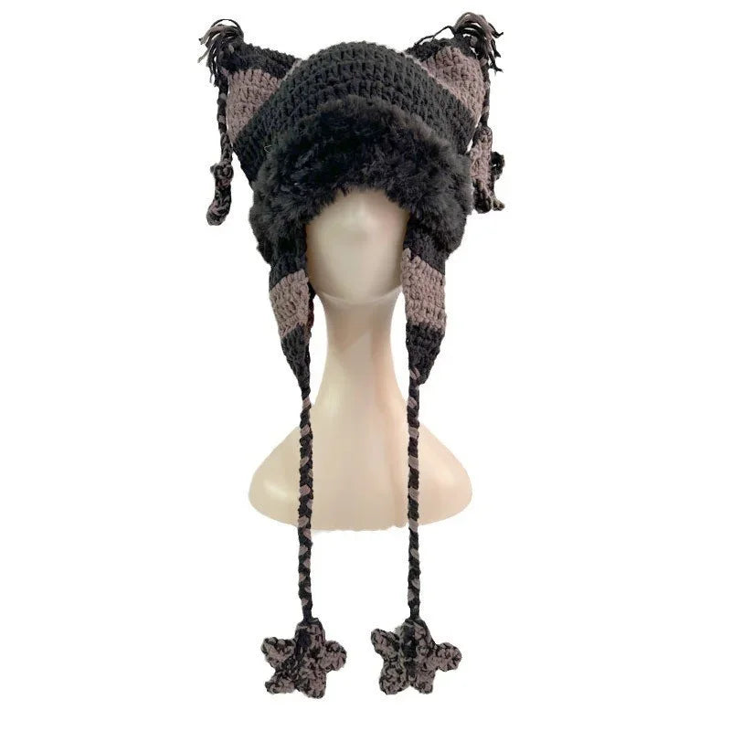 Japanese Pentagram Knit Beanie with Cat Ears – Striped Warm Winter Hat