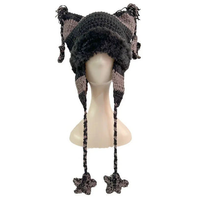 Japanese Pentagram Knit Beanie with Cat Ears – Striped Warm Winter Hat