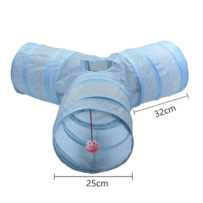 3-Way Foldable Cat Tunnel – Gray Pet Play Tube with Peep Hole for Kittens