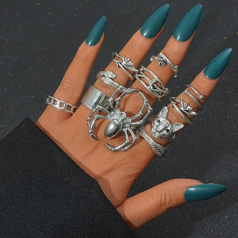 Gothic Red Crystal Heart Rings Set – 8pcs Irregular Y2K Butterfly Spider Aesthetic Jewelry for Women