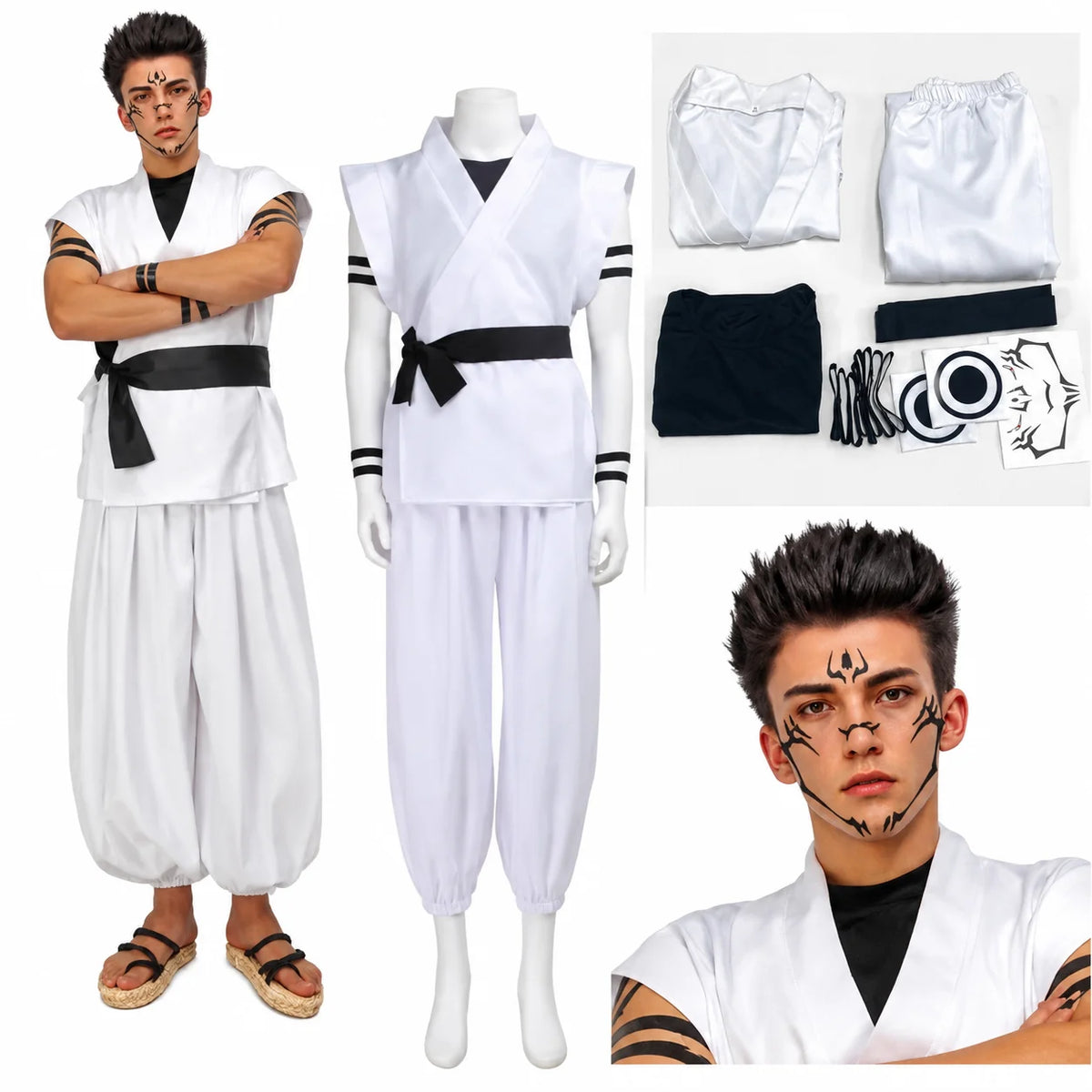 Jujutsu Kaisen Sukuna Cosplay Costume Set – Anime Kimono Outfit with Tattoo Stickers