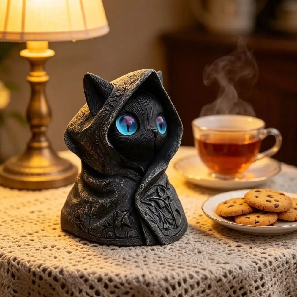 Gothic Hooded Cloak Cat Sculpture – Mystical 3D Printed Cat Statue Home Decor