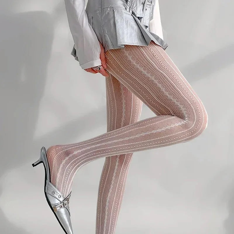 Lolita Gothic Fishnet Tights - Geometric Striped Mesh Lace Pantyhose, Seamless Cute Leggings