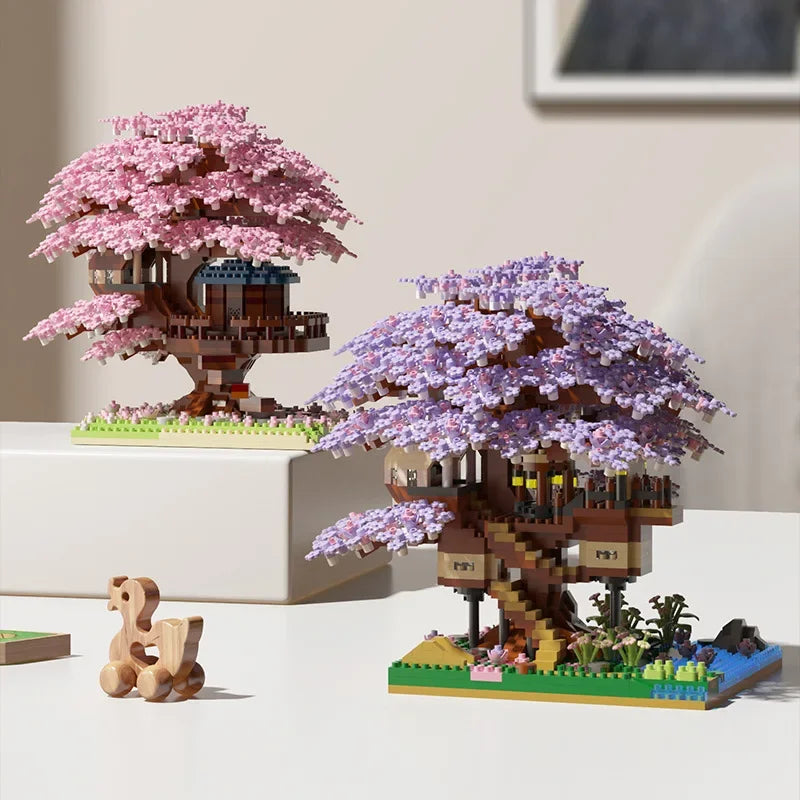 Sakura Cherry Blossom Treehouse Building Block Set with LED Light - Mini Brick Model Gift