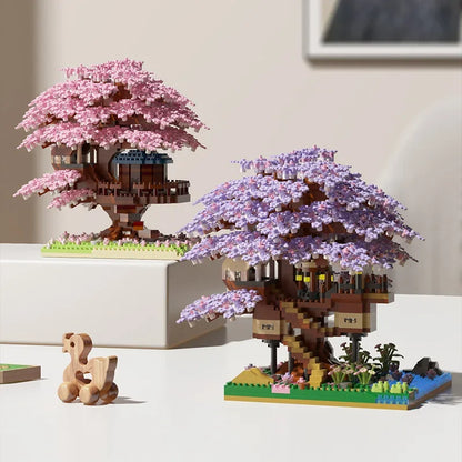Sakura Cherry Blossom Treehouse Building Block Set with LED Light - Mini Brick Model Gift