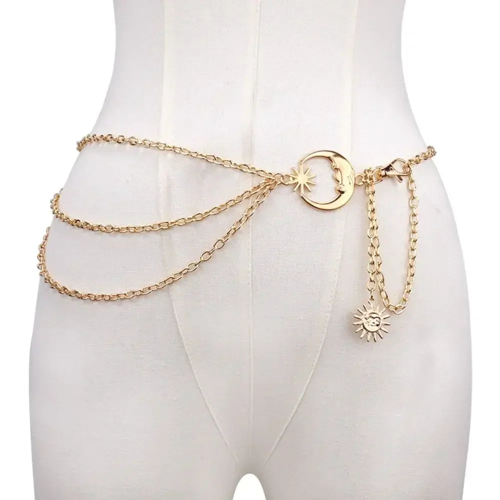 Punk Hip Hop Sun Waist Chain Belt – Vintage Gold & Silver Metal High Waist Chain for Women