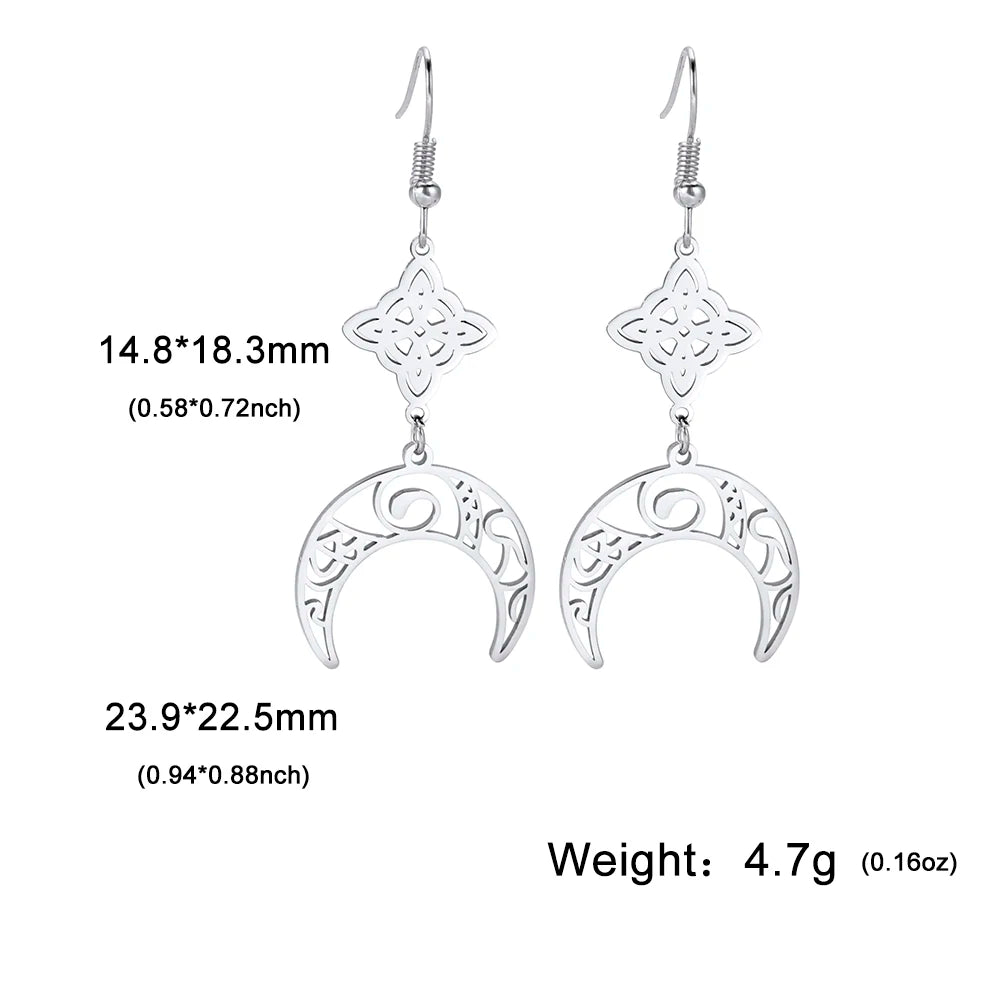 Goth Moon Phase Pentagram Earrings - Stainless Steel Witchy Dangle Jewelry