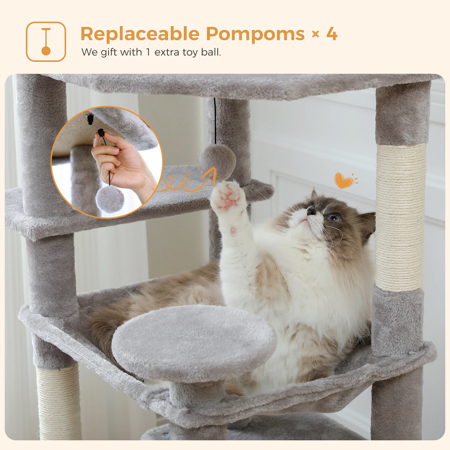 Large Cat Tree Tower with Hammock And Perches Sisal Scratching Posts Spacious Condos And Cat Toys for Indoor Cats Grey/Beige/Black