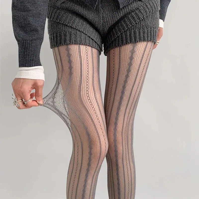 Lolita Gothic Fishnet Tights - Geometric Striped Mesh Lace Pantyhose, Seamless Cute Leggings