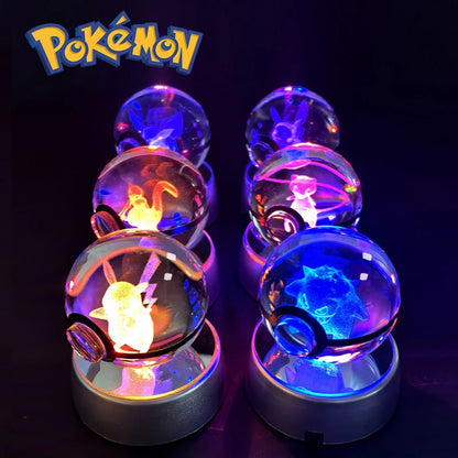 Pokemon 3D Crystal Ball Night Light - Glass Pokeball LED Lamp with Pikachu, Mewtwo & Gengar