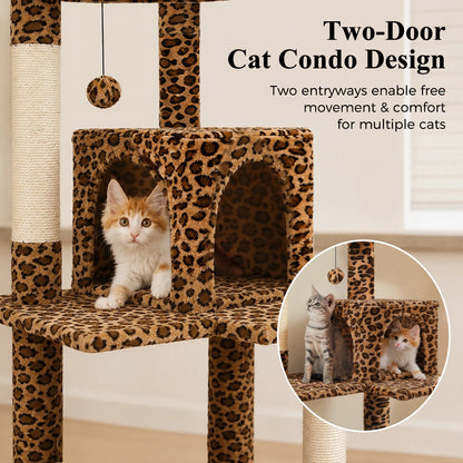 Multi-Level Leopard Cat Tree for Indoor Cats Large Cat Tower with Sisal Scratching Posts Cozy Cat Condo Spacious Hammock Soft Top Perch Cat Toys