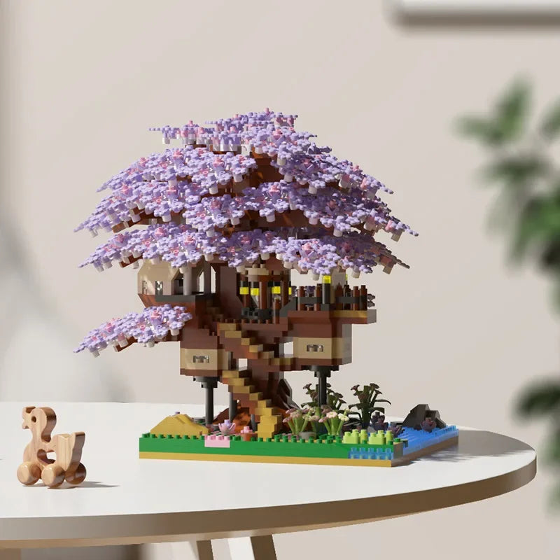 Sakura Cherry Blossom Treehouse Building Block Set with LED Light - Mini Brick Model Gift