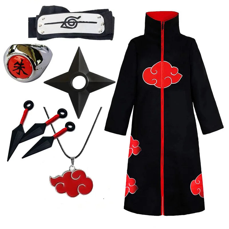 Akatsuki Cloak Ninja Cosplay Costume Set – Red Cloud Cape with Headband & Accessories
