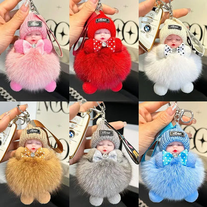 Cute Fluffy Sleepy Doll Keychain – Kawaii Plush Bag Charm Car Key Ring Gift