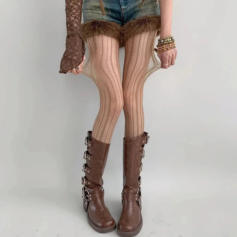 Lolita Gothic Fishnet Tights - Geometric Striped Mesh Lace Pantyhose, Seamless Cute Leggings