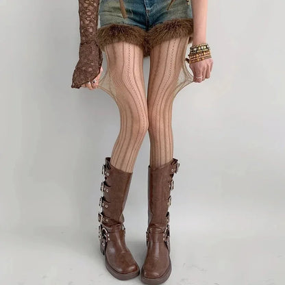 Lolita Gothic Fishnet Tights - Geometric Striped Mesh Lace Pantyhose, Seamless Cute Leggings