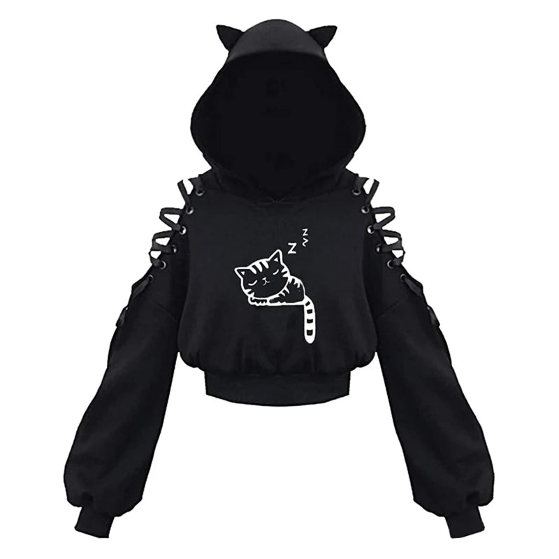 Y2K Gothic Cat Ear Crop Hoodie for Women - Hollow Out Lace-Up Long Sleeve Pullover