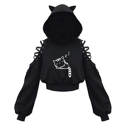 Y2K Gothic Cat Ear Crop Hoodie for Women - Hollow Out Lace-Up Long Sleeve Pullover