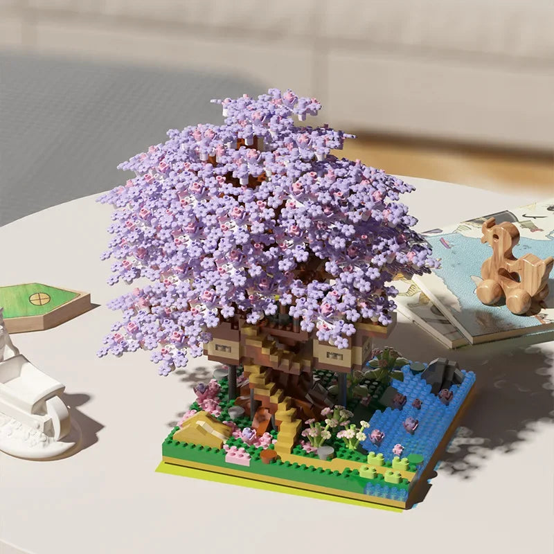 Sakura Cherry Blossom Treehouse Building Block Set with LED Light - Mini Brick Model Gift