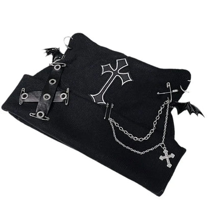 Gothic Grunge Cat Ear Bat Wing Black Beanie – Punk Cross Chain Knit Hat