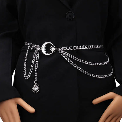 Punk Hip Hop Sun Waist Chain Belt – Vintage Gold & Silver Metal High Waist Chain for Women