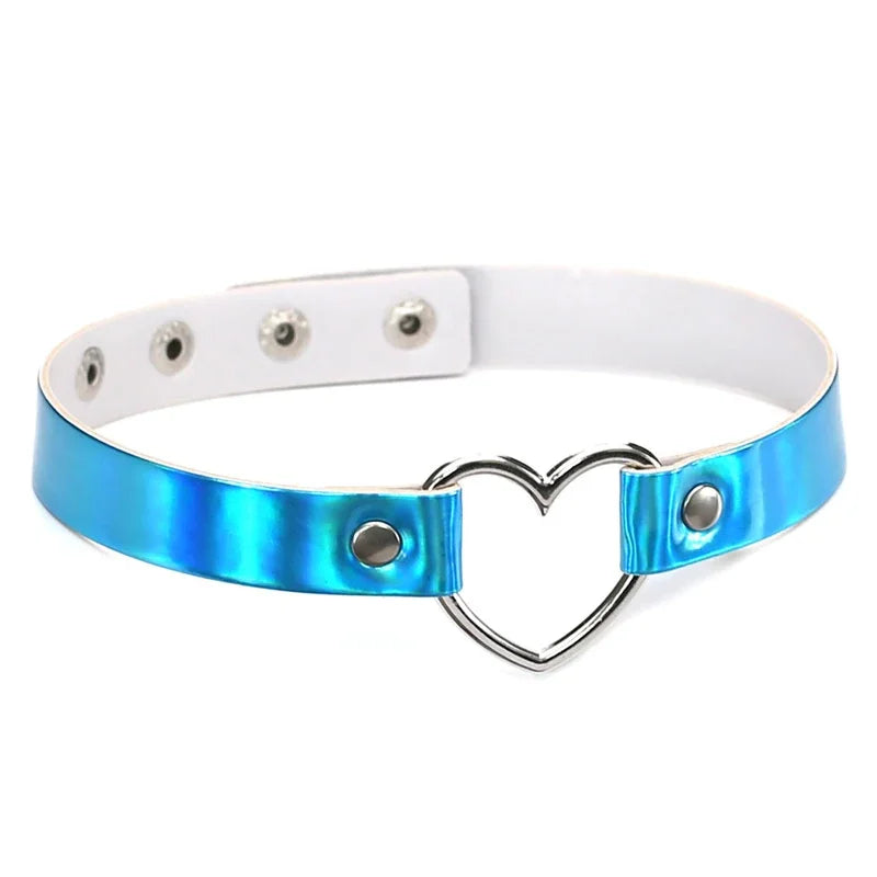 Holographic Heart Ring PU Leather Choker Necklace - Gothic Laser Collar
