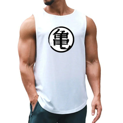 Japanese Anime Turtle Script Sleeveless Tank Top - Summer Gym and Running Vest for Men