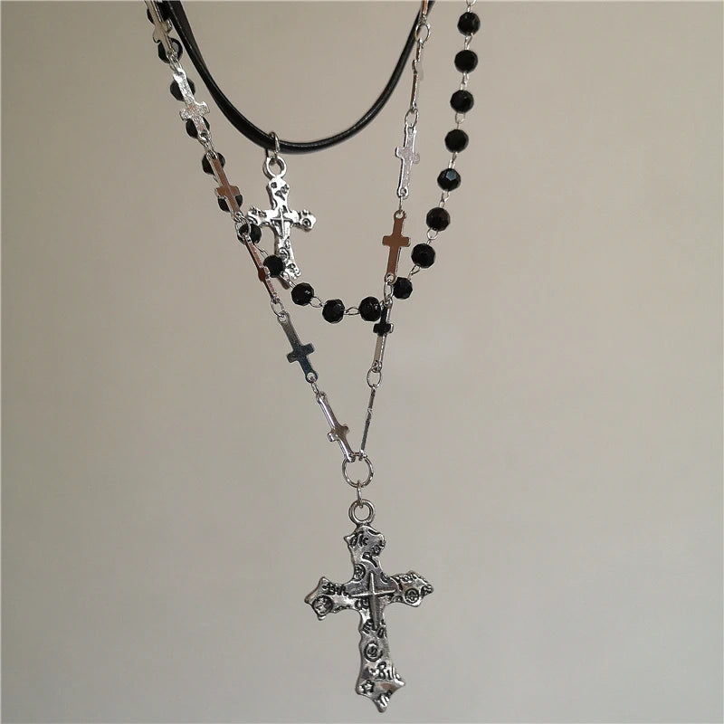 Punk Star Heart Cross Double Layer Chain Necklace – Y2K Grunge & EMO Rock Style for Men and Women