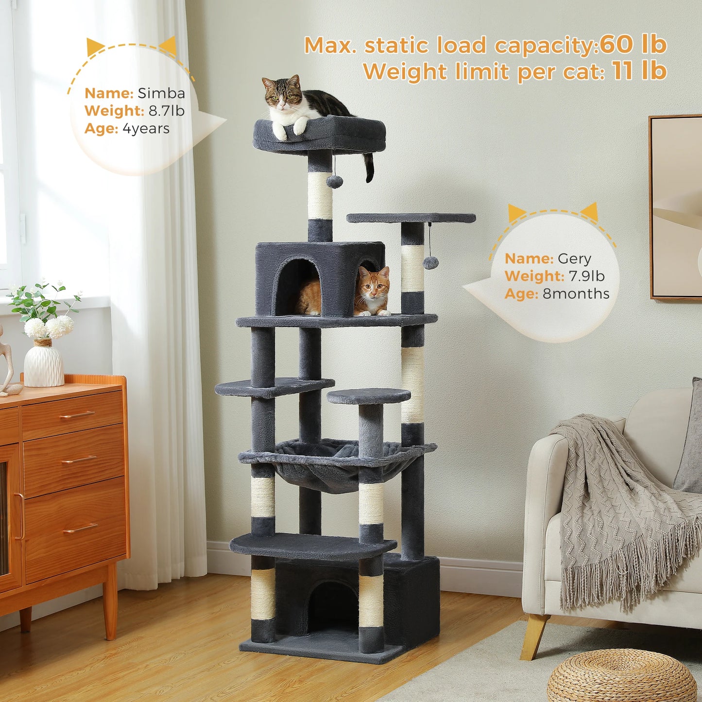 Large Cat Tree Tower with Hammock And Perches Sisal Scratching Posts Spacious Condos And Cat Toys for Indoor Cats Grey/Beige/Black